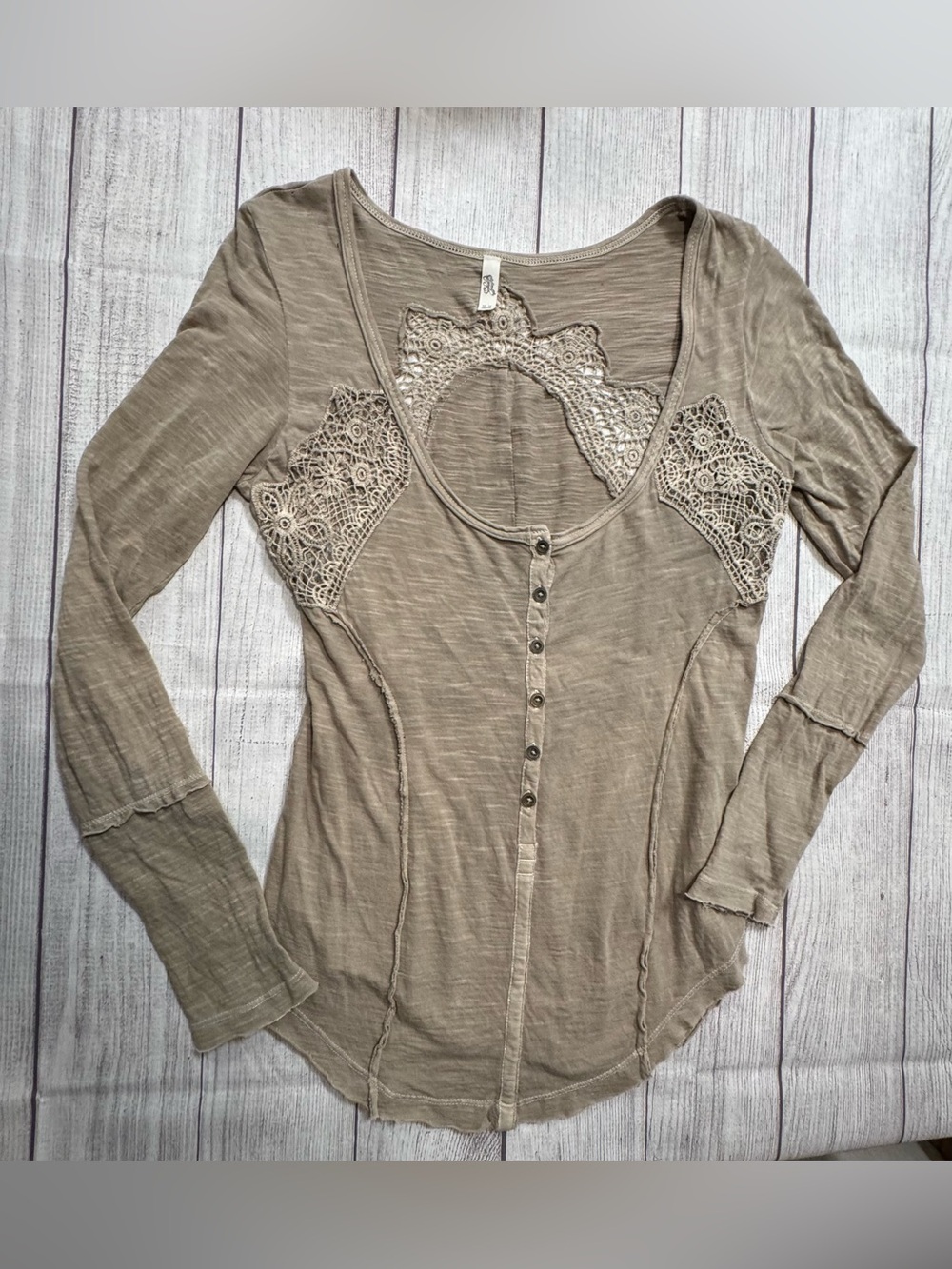 Free People Taupe Lace Yoke Henley Long-Sleeve Top